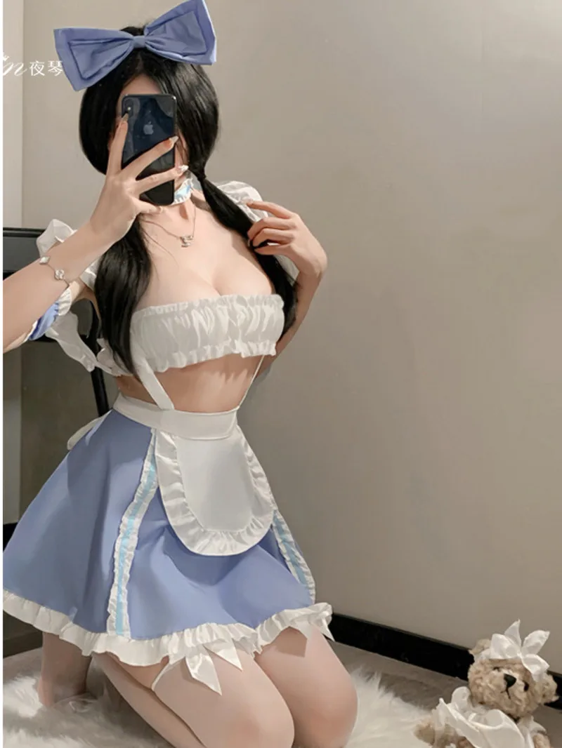 

Сексуальная униформа горничной, искушение, платье с карманом-кенгуру, кружевное платье с рюшами и открытой спиной, глубоким V-образным вырезом и подтяжками, элегантное очаровательное платье 31IB