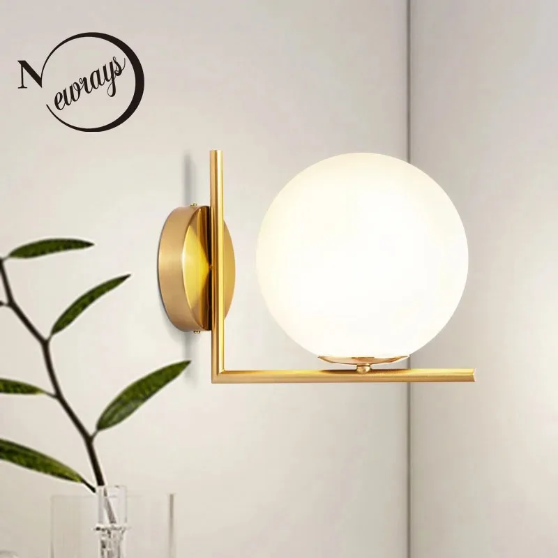 

Glass round ball E27 led modern design metal lamp body black & white color wall lamp for living room bedroom study aisle hotel