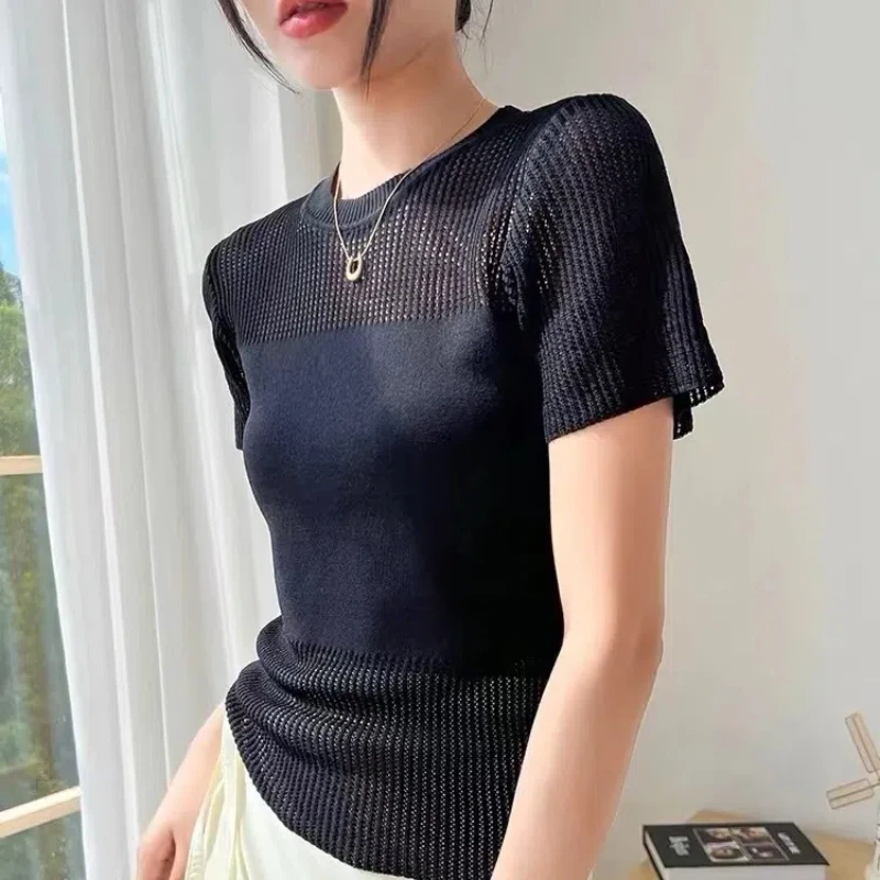 2024 New Women\'s Thin Knitted Shirt Summer Fashion Solid Color Spliced Hollow Out Chic Slim Round Neck Short Sleeve T-shirt Tops