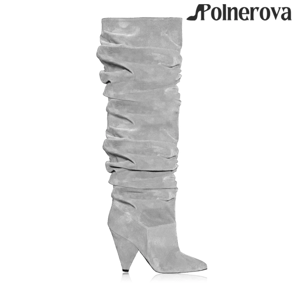 

Cone Heel Pleated Over-the-Knee Boots Sexy Style Pointed Toe Tubular Boot Suede Leather Multicolor Custom Handmade Women Boots