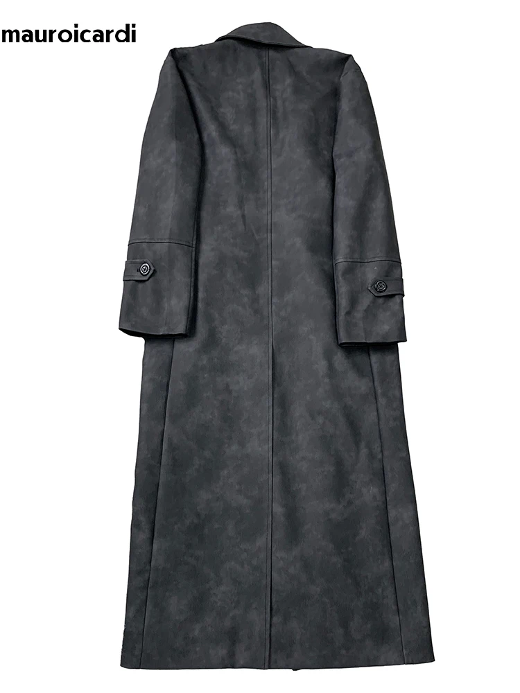 

Mauroicardi Spring Autumn Extra Long Distressed Pu Leather Trench Coat Men Belt Double Breasted Luxury Designer Clothes Fashion