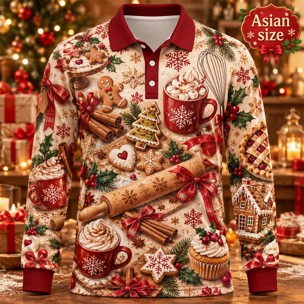 Red Cardinal Christmas Long Sleeve Polo Shirt Men 3D Snow Pine Holly Print Xmas Winter Holiday Party Casual Fashion Shirts