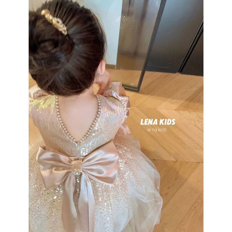 Spring Summer Childrens Princess Ball Gown Backless Birthday Glod Shiny Gauze Party Evening Dresses Girls Performance Clothing