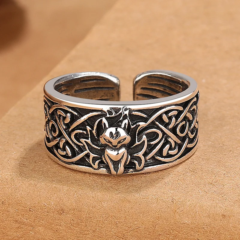 Lucky Nine-tail Fox Ring Female Finger Accessories Vintage Lines Design Women Ring S925 Jewelry Adjustable