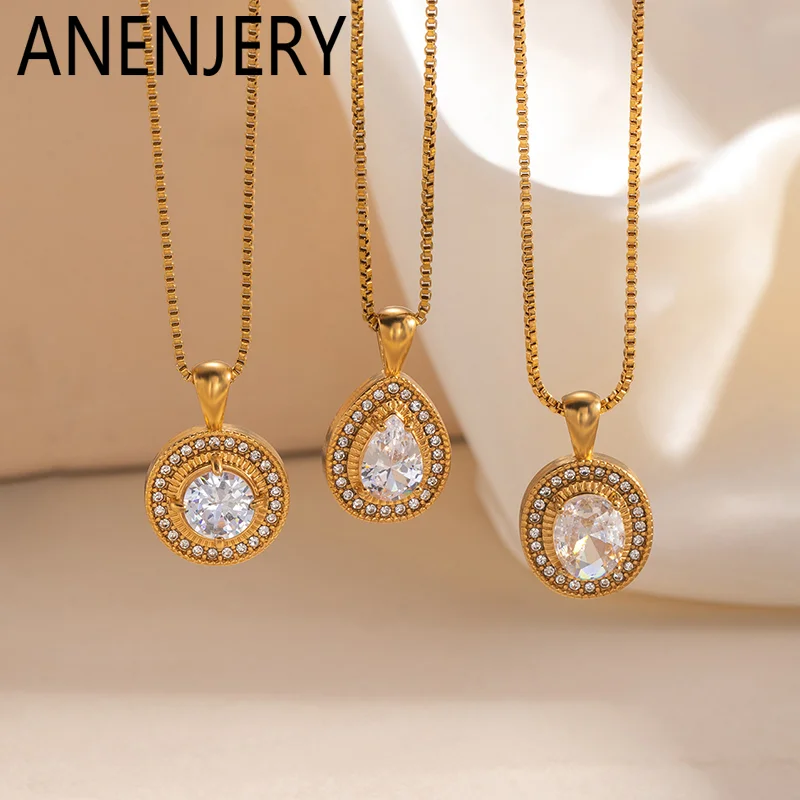 ANENJERY 316L Stainless Steel Waterdrop Round Zircon Necklace For Women Simply Personality Temperament Jewelry Gifts Wholesale