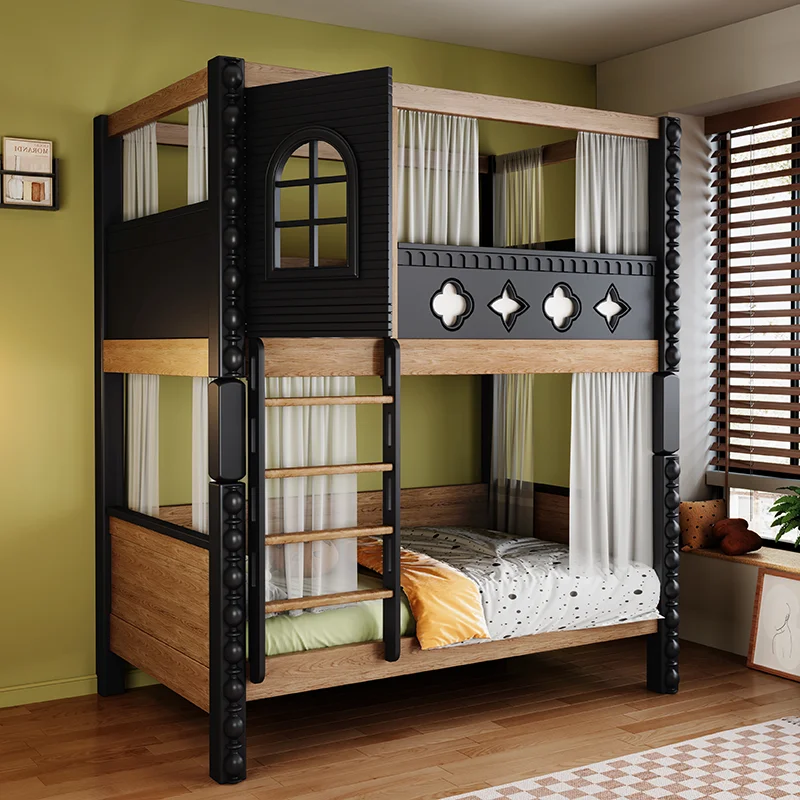

Medieval Style Children's Up and Down Bed Double-layer All-solid Wood Upper and Lower Bunk Thickened High and Low Siblings