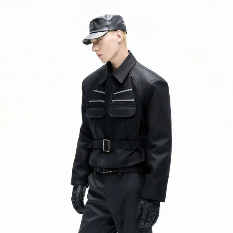 HKSH Autumn Winter Men Tide Dark Safari Style Lace-Up Waistband Parka Thickened Fleece Lined Jacket Short Coats Chic Ins HK17133