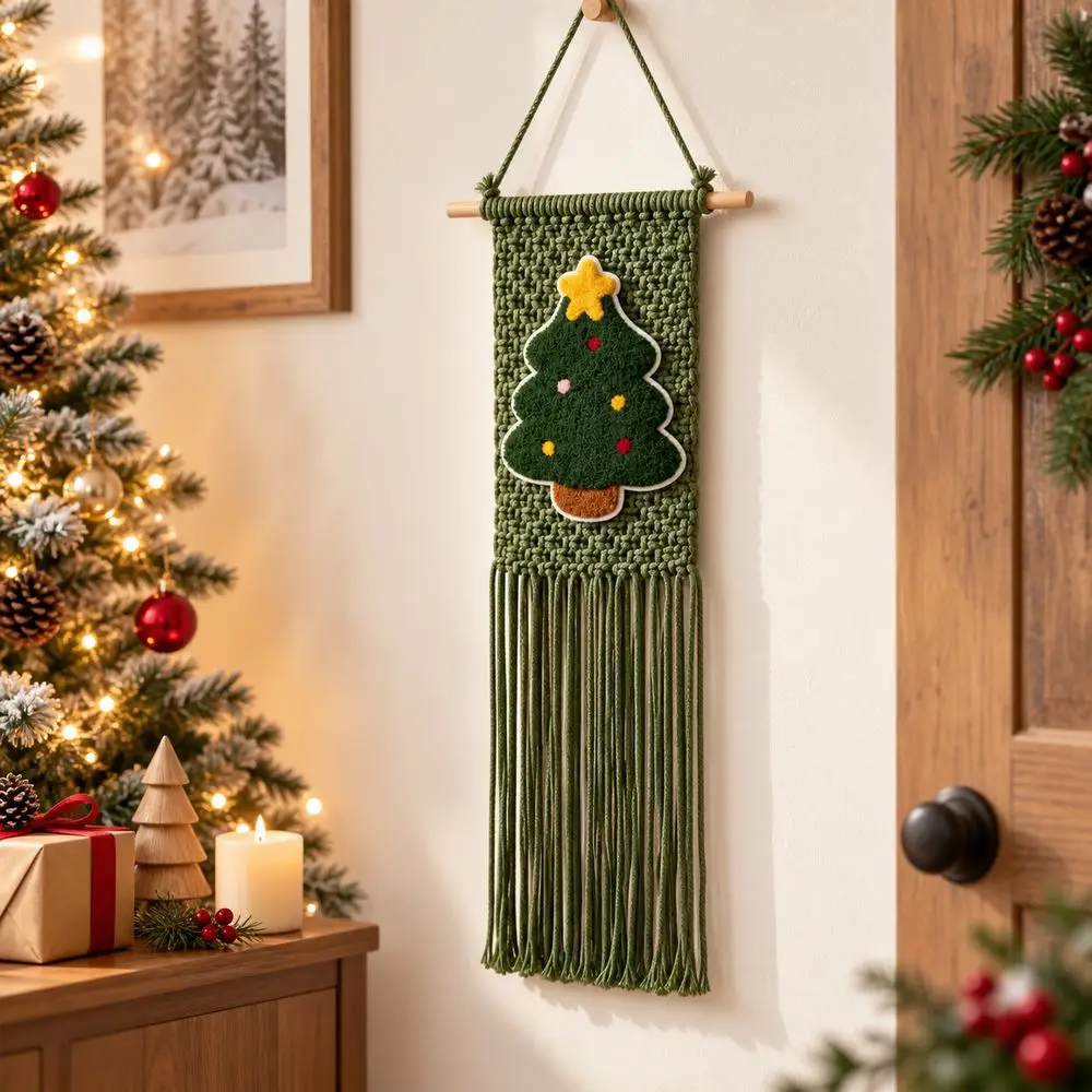 25x60cm Christmas Tree Wall Hanging Woven Texture Bohemian Style Christmas Tapestry Tassel Fringe Tree Applique