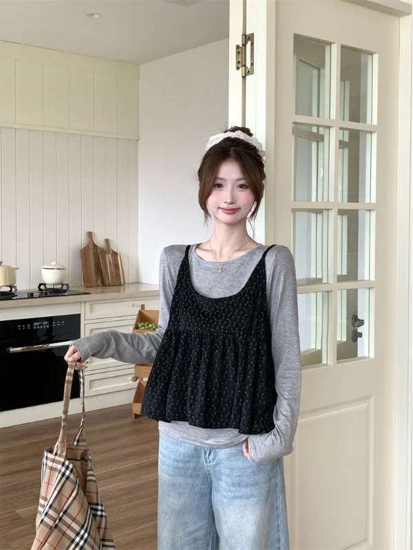 

Casual Floral Print Two-Piece Set Women's round Neck T-Shirt with Belt Design Spring New Style Layering Vest Top Bottoms