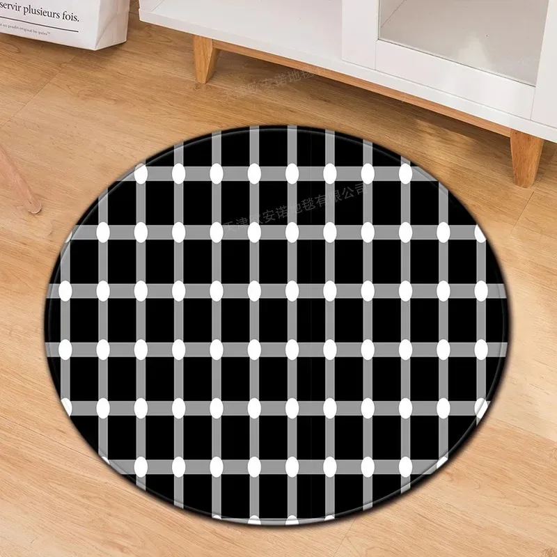 Black & White Grid Round Rug with 3D Swirl Illusion – Eye-Catching Living Room Floor Mat for Modern Homes Non Slip Stylish