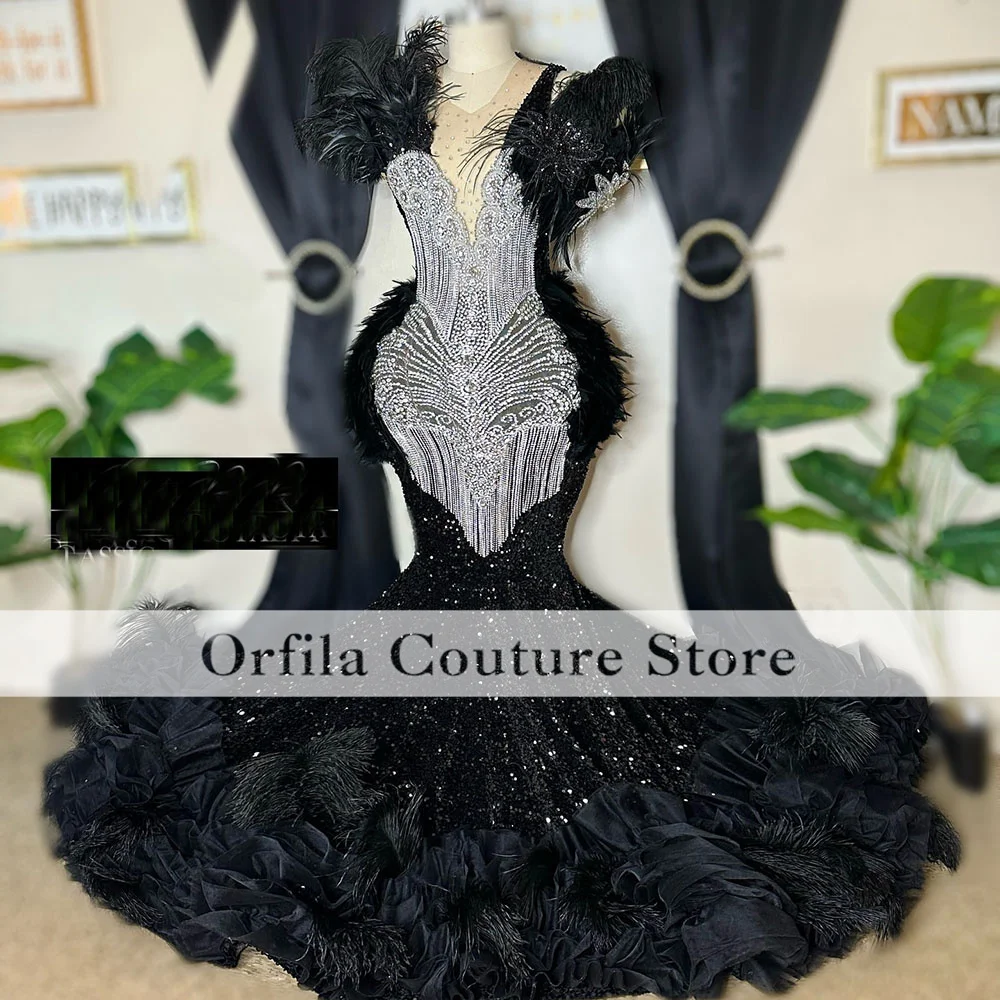 Black Matric Dance Mermaid Prom Dresses Feathers 2025 African Black Girls Party Gowns Sequin Evening Dress Customized