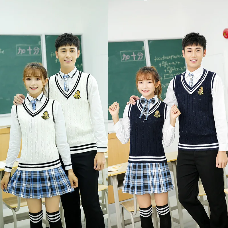 C080 Middle School Student Uniform British College Style Class Clothing Cotton V-neck Knitted Vest Set Couple Made JK Suit