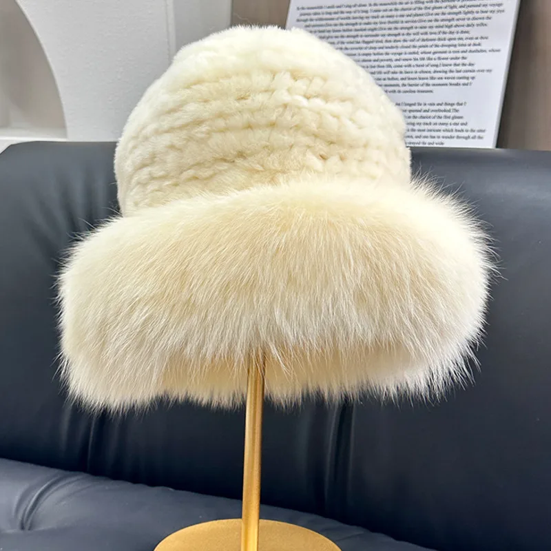 Genuine Rex Rabbit Fur Hat With Fox Fur Edge Fashion Fisherman Hat For Women Warm Ear Protection Hat Luxury Knitted Bomber Caps