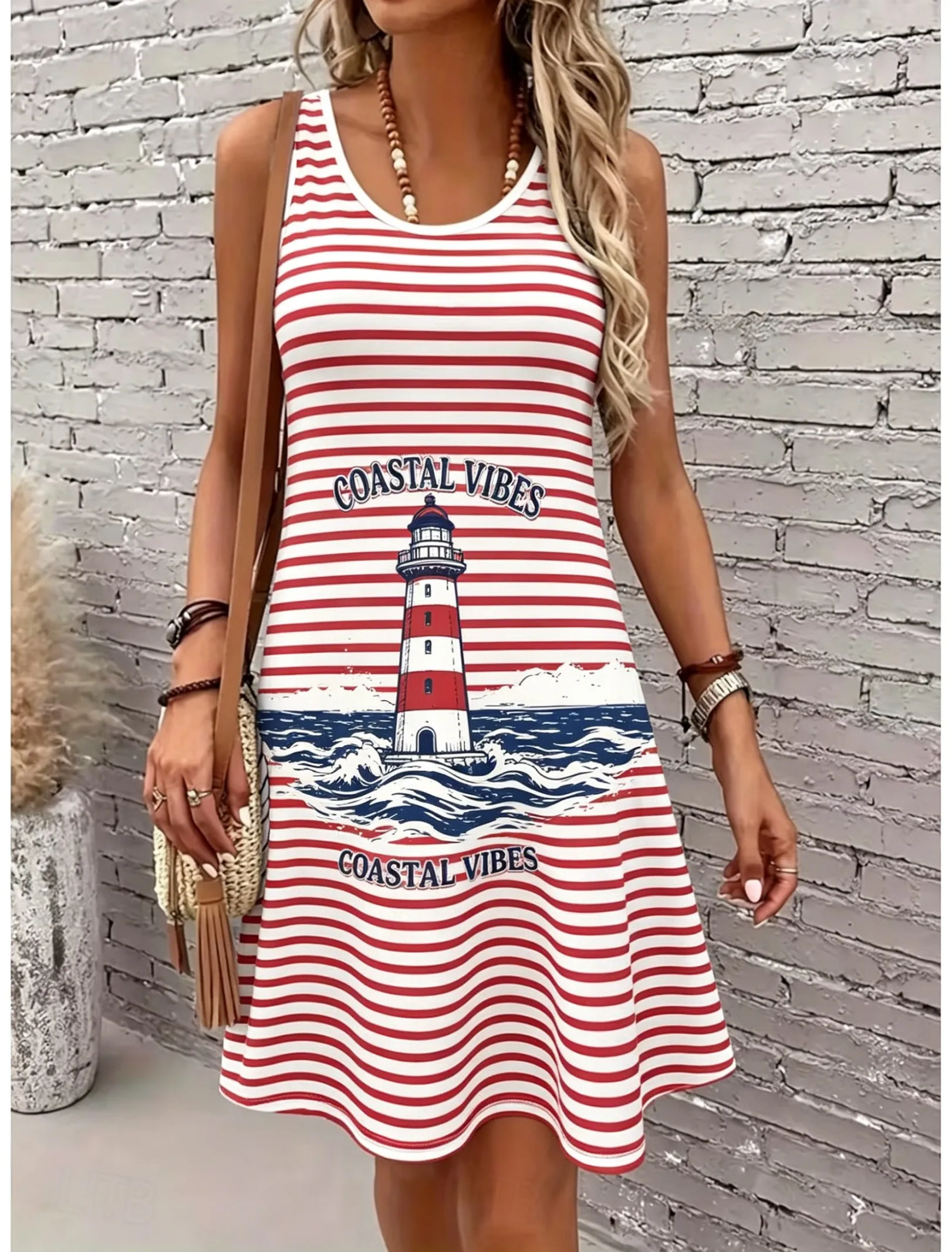 

Women's Round Neck Sleeveless Red White Striped Lighthouse Print Casual Mini Dress, A-Line Tank Dresses for Spring & Summer