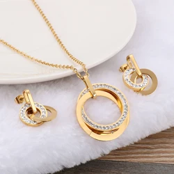 Stainless Steel Round Ring Jewelry Set Women Zircon Pendant Necklace Earrings Fashion Luxury Wedding Jewelry Accessories