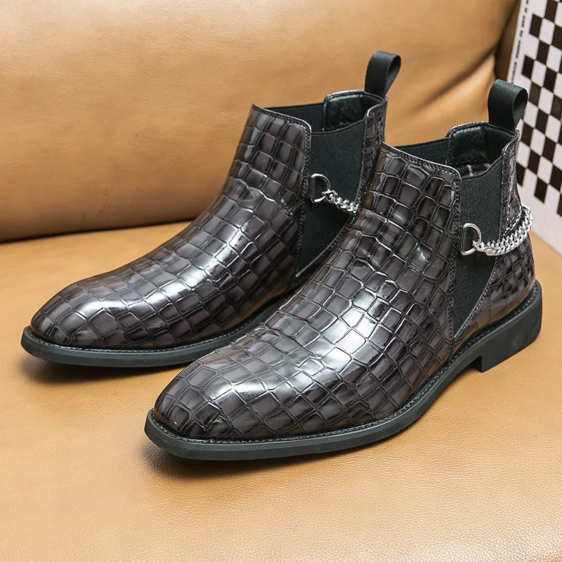 

High-Quality Chelsea Boots Men High Top Chain Mens Dress Shoes Pointed Toe Slip-on Men's Leather Boots Large Size 46 botas para