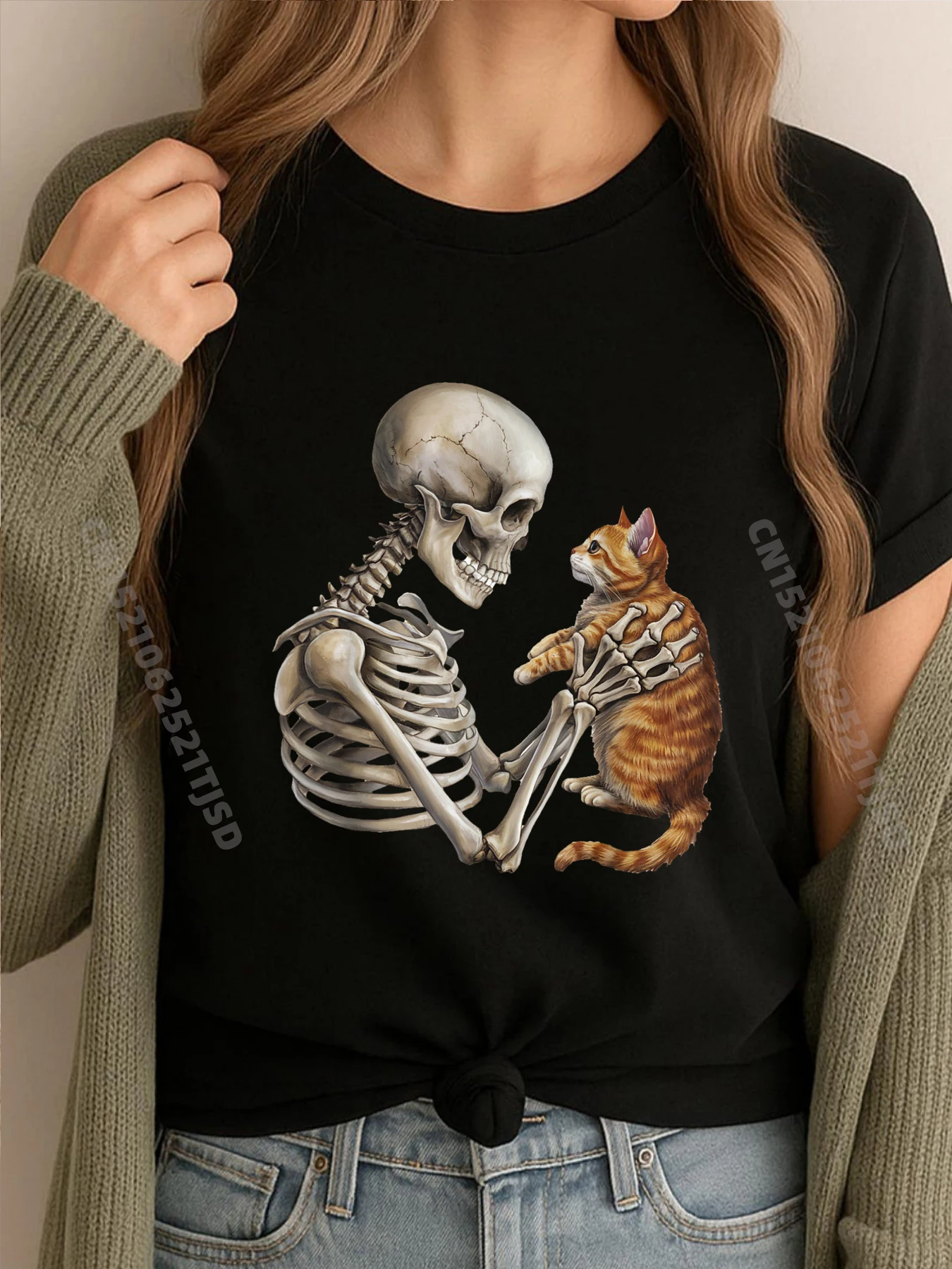 

Скелет, кошка, череп, котенок, милый готический костюм на Хэллоуин для взрослых, белая футболка, женская уличная одежда с принтом