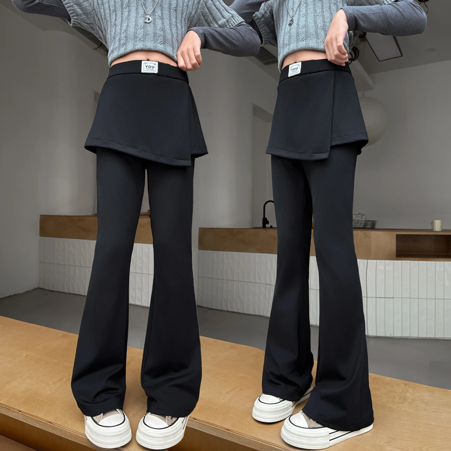 

Fashion Black Color Children Skinny Pants with Skirt for Tween Girls Street Style Slim Fit Pantskirt Kids Casual Leggings 5-14Y