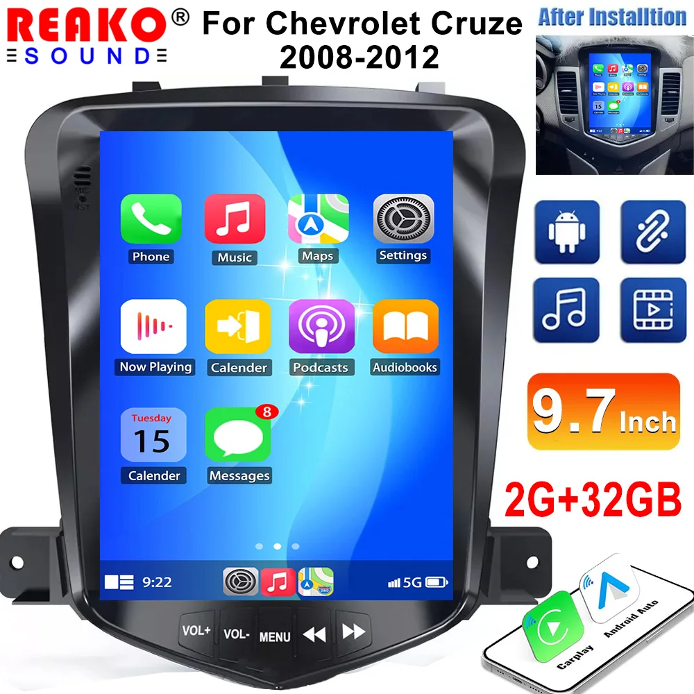 REAKOSOUND 9.7inch For Chevrolet Cruze 2008-2012 Android 12 Car Radio GPS Navigaion Carplay Stereo 2 Din Multimedia Video Player