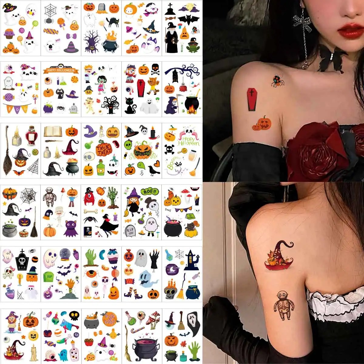 30Pcs Halloween Cute Pumpkin Ghost Temporary Tattoo Stickers Bat Candy Horror Tattoos Stickers Waterproof Funny Party Decor ﻿