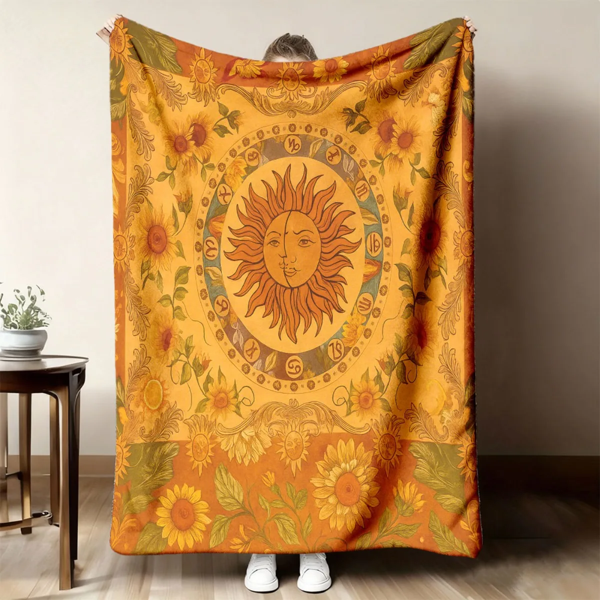 Vintage Sun Face Zodiac Signs Sunflower Leaf Retro Print Soft Flannel Blanket Bohemian Decor Throw for Sofa Bedroom Home Use