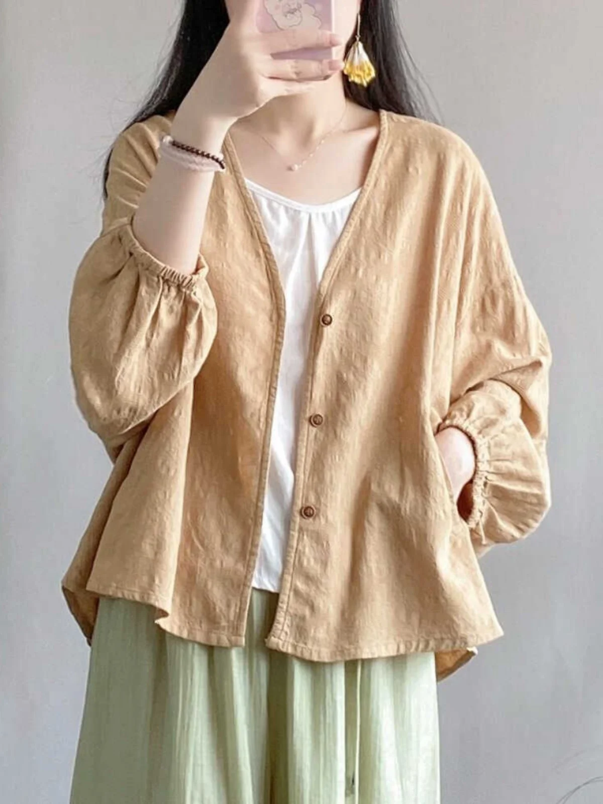 

Осенний свободный кардиган из хлопка и льна с длинными рукавами, женская верхняя одежда, стройнящий крой, рукава «летучая мышь», для кондиционированных помещений