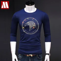 T Shirt Male Top Tee Eagle Full Sleeve Tees Shinning Rhinestone Casual Cotton 2024 Men Hot Drilling Black Size 5XL Hip Hop Tees