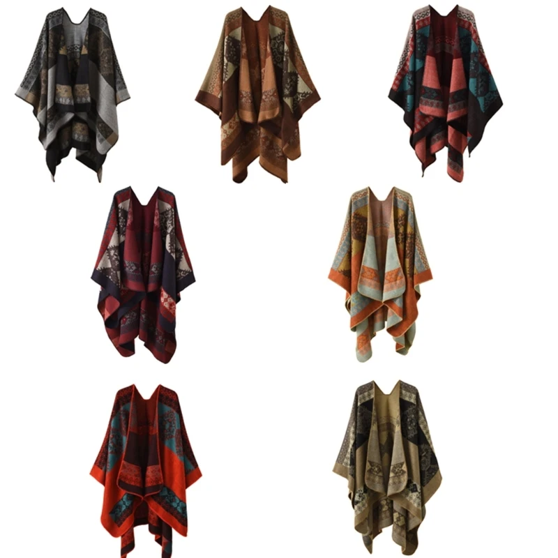

Ethnic Geometric Shawl Cloak Reversible Capes Poncho Travel Vacation Shawl Scarf