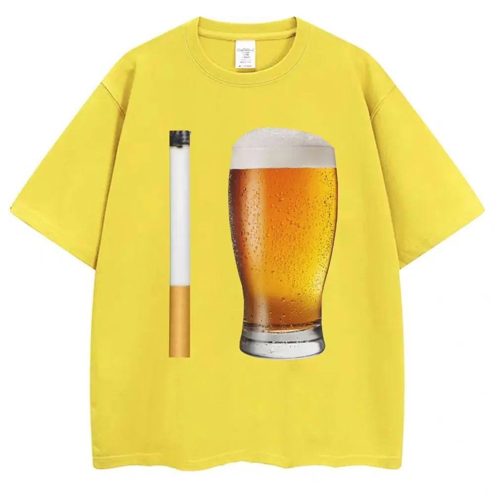 Beer Festival fun cigarette and beer print T-shirts, fashionable and high-quality pure cotton casual street men's T-shirts