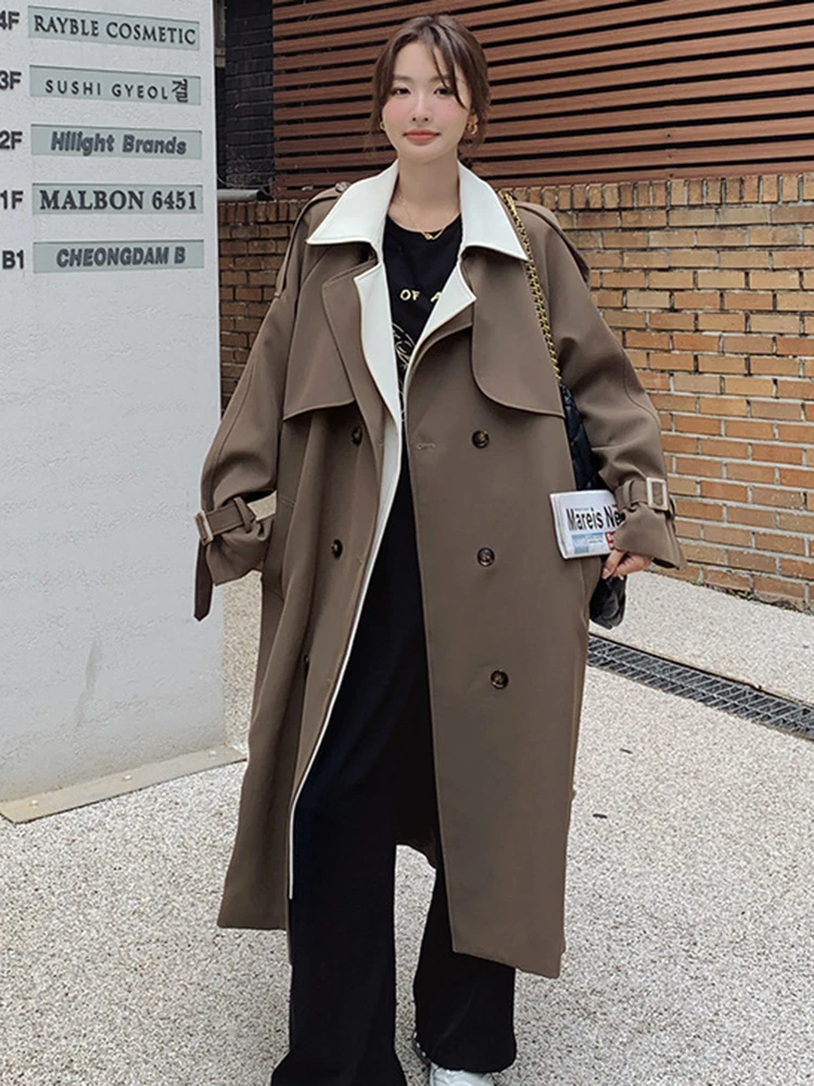 LANMREM Vintage Contrast Color Trench Coat Women Lapel Belt Double Breasted Windbreaker Fashion 2023 Autumn New Clothing 2AA3101