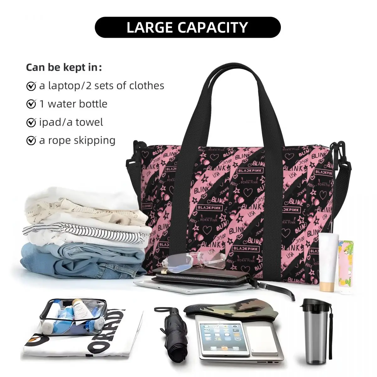 Custom Kpop Bp Blacks Pinks Groceries Tote Shopping Bags Women Large Capacity Gym Beach Travel Bags