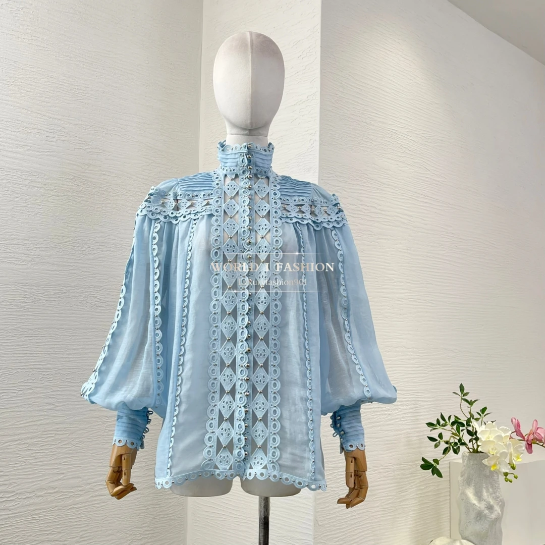 

White Long Sleeve Embroidery Beading Cut Out Blouse Tops 2025 New Design Spring
