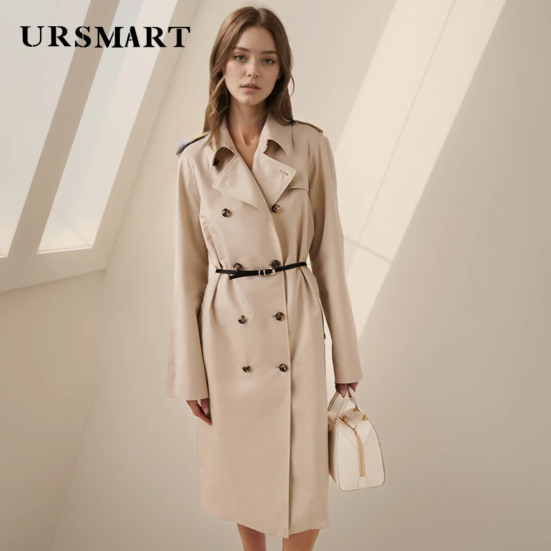 Knee-Length Beige Women's Trench Coat – Double-Breasted Fashionable & Elegant Cotton Spring Coat