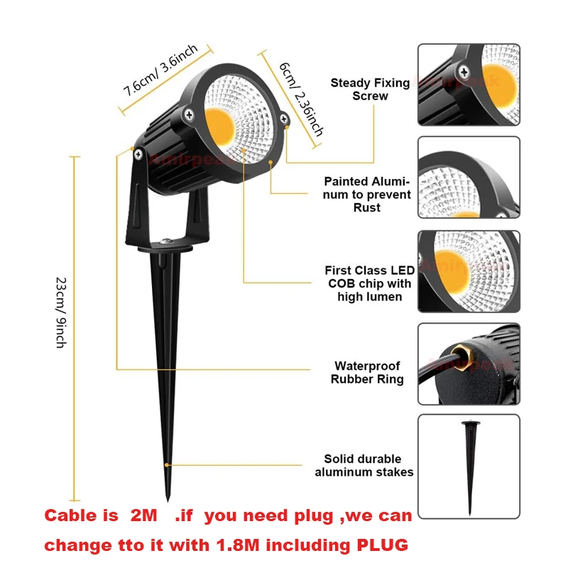 Luces LED de paisaje para exteriores, foco de 5W, 220V /12v para camino, Patio, jardín, impermeable IP66, luz de inundación para césped, Cable de 2M