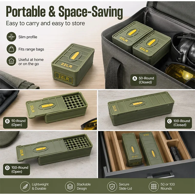 NEW Mini .22 LR Ammo Drawer Box, Holds 50/100 Rounds, Made Of Durable Plastic, Portable And Spill-proof Plastic Material 2026