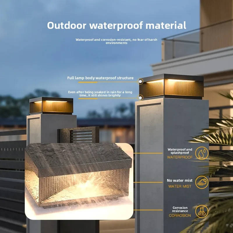 Outdoor Square Solar Column Lamp Rainproof LED Decor Light For Yard Fence Gate Villa Lawn Lighting