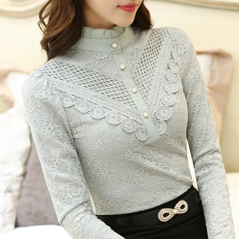 Women Autumn Winter Korean New Fashion Sweet Lace V-Neck Pullover Button Hollow Out Bottom Shirt Fleece Warm Long Sleeve Tops