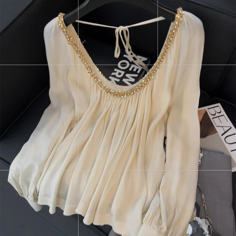 

Lace-out Backless Three-dimensional Beaded Flower Pleated Shirt Women Autumn New French Socialite Gentle Style Beautiful Top