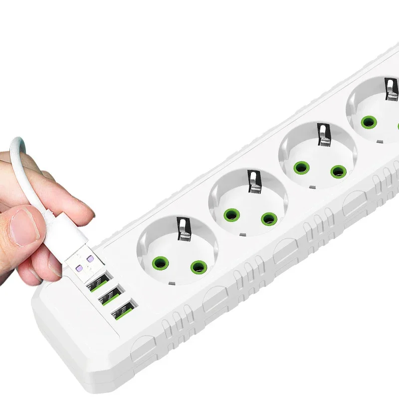 Multiprise EU Plug avec 3 ports USB, multiprise AC, rallonge de 2m, prise électrique, filtre réseau 4/5 W, 3, 2500