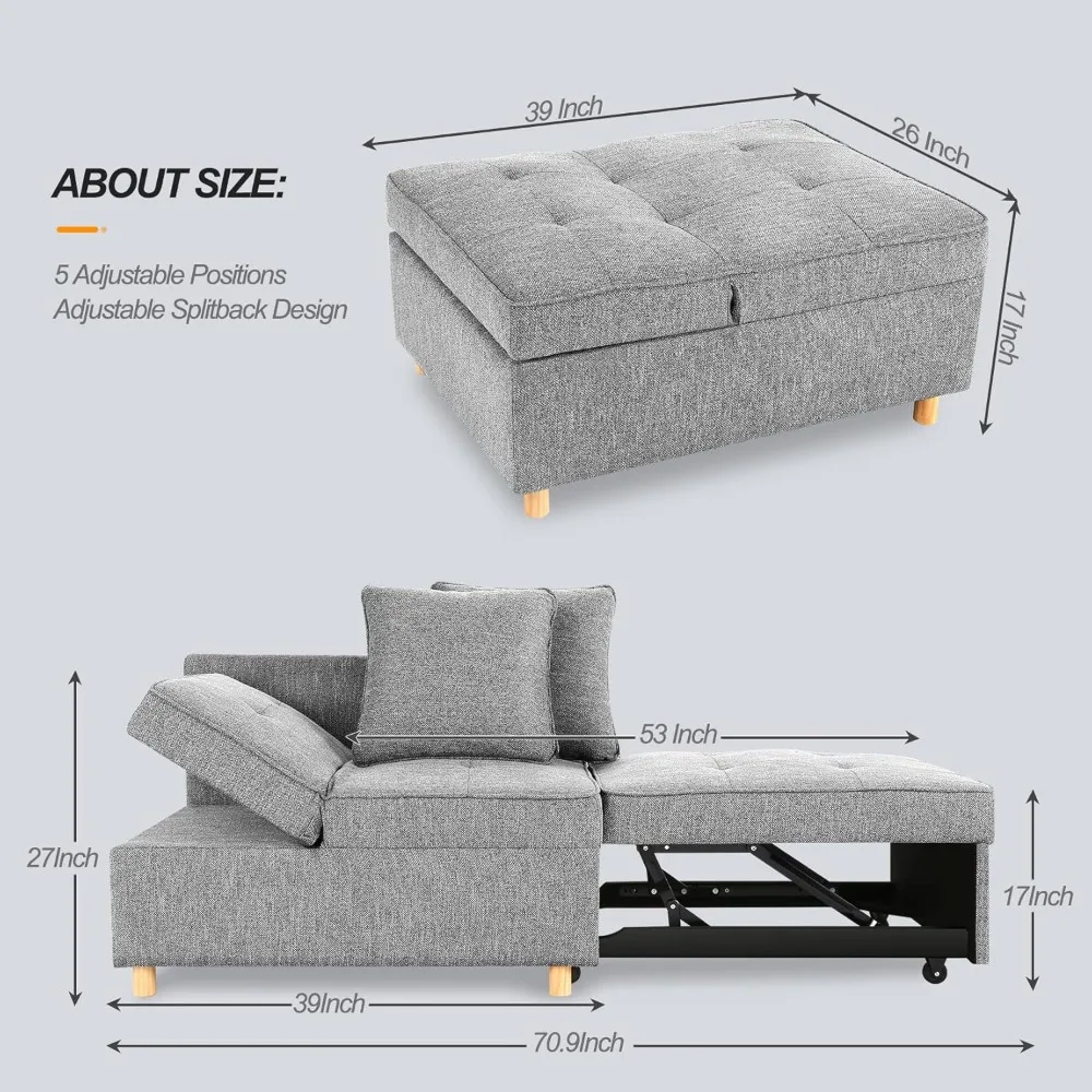 Sofa Bed 4-in-1 Convertible Sofas & Couches, 3-Seat Linen Fabric loveseat Sofa with 2 Throw Pillow, Single Recliner