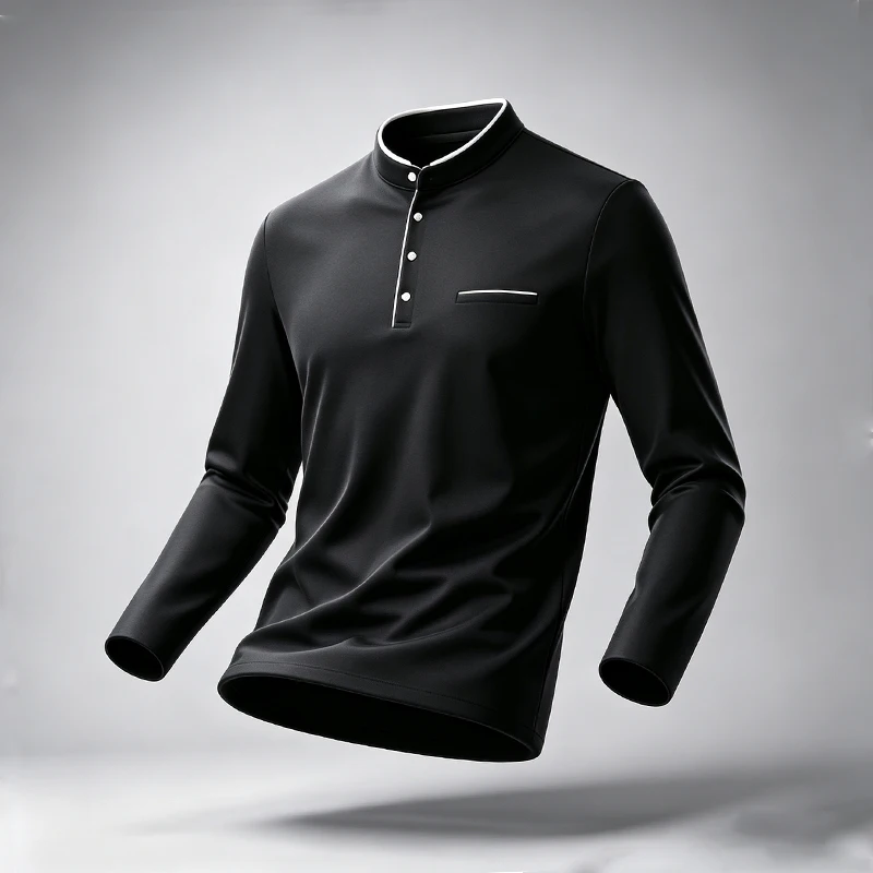 Herren Langarm-T-Shirt mit Mandarin-Kragen, Atmungsaktives Stretch-Material, Halbknopfleiste, Lässige Bürokleidung, Basic-Hemden – Detail 8