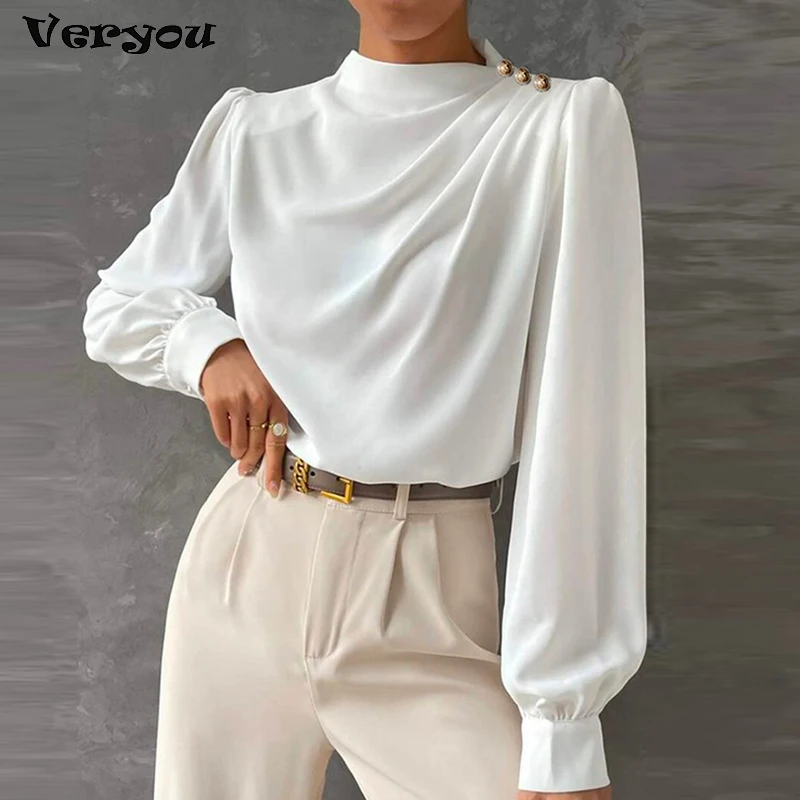 Elegant Female Fashion White Blouses Spring Autumn Long Sleeve Puff Sleeves High-Neck Shirts Button Tops For Women 2023 New