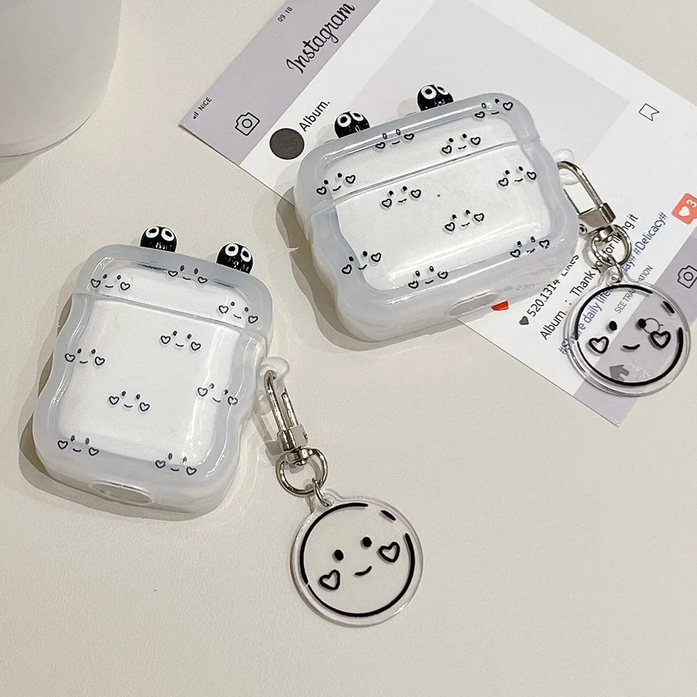 Lovely Heart Expression Eye Transparent Case For AirPods Pro 1 2 3 Pro2 Air Pods Soft Earphone Protective Cover Keychain funda