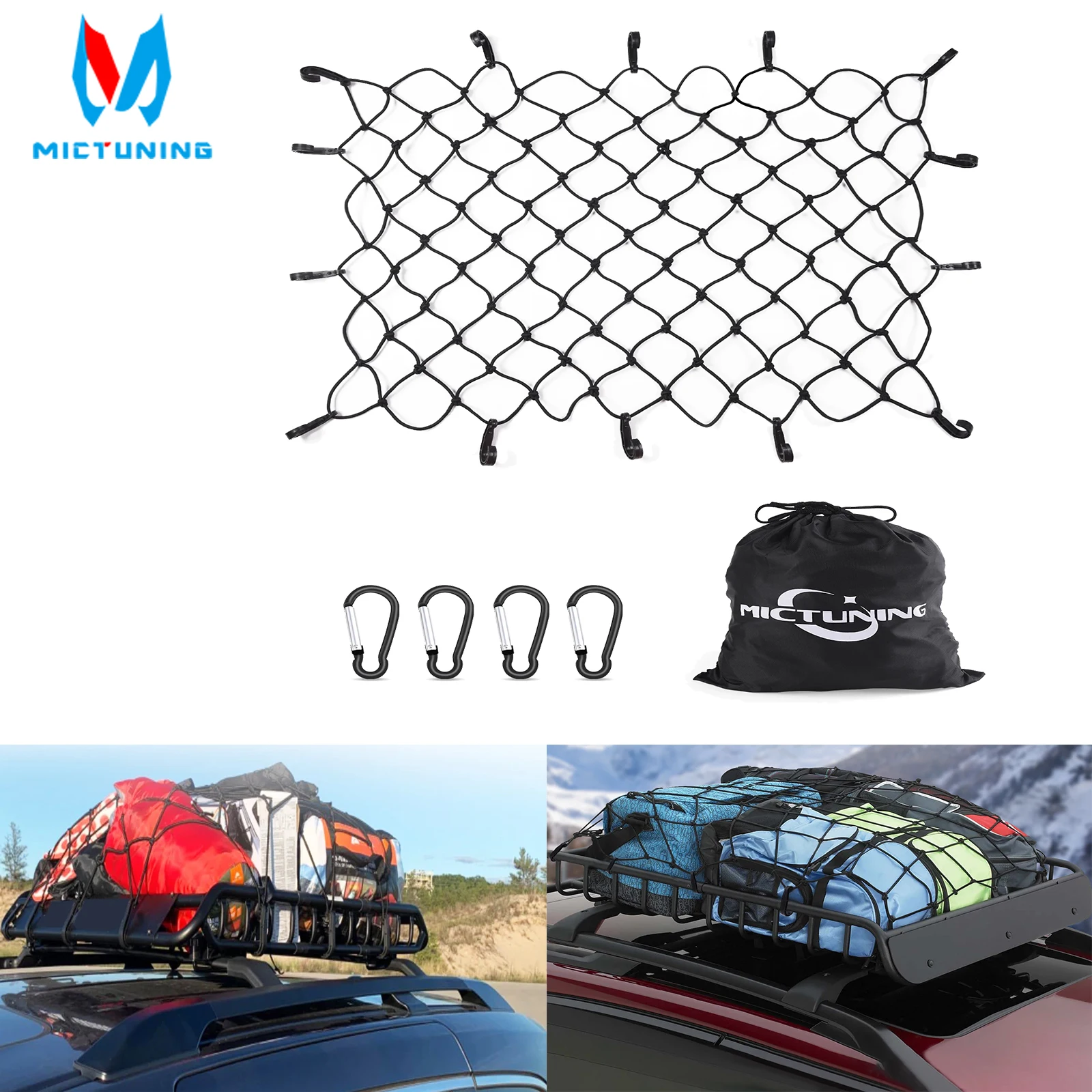 

47" x 36" To 70" x 54" Roof Luggage Net Car Trunk Net Elastic Rack Mesh Cover Stretchable With 4 ABS Hooks Elastic Bungee Net