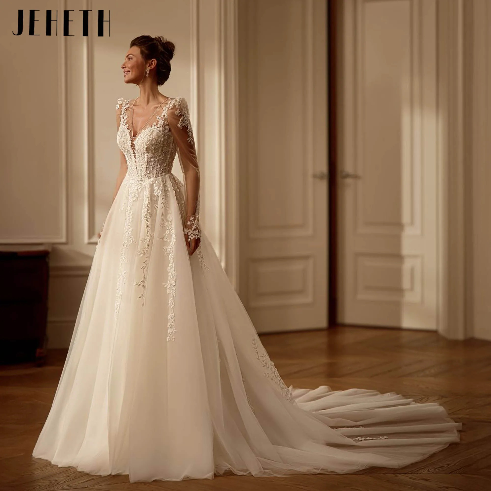 JEHETH mangas largas apliques vestidos de novia clásico A-line vestidos de novia con cuello en V Vintage sin espalda vestidos de novia personalizados