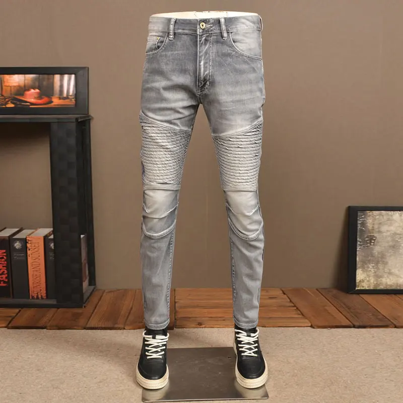 

Street Fashion Men Jeans Retro Gray Stretch Slim Fit Ripped Jeans Men Spliced Patched Designer Hip Hop Denim Biker Pants Hombre