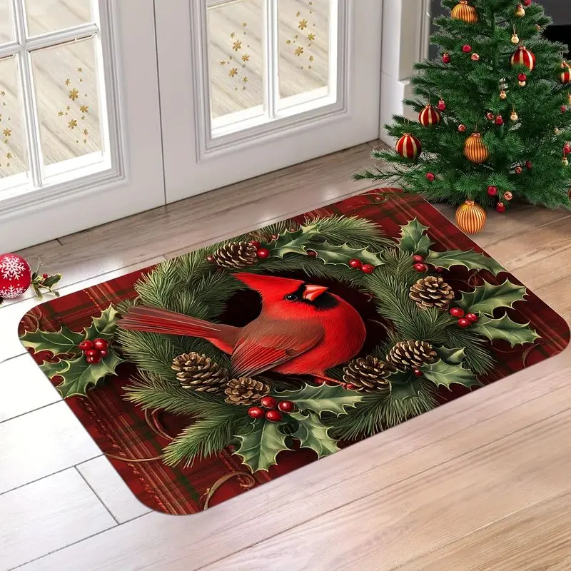 VIKAMA Cardinal Bird Wreath Christmas Door Mat Red Plaid Print Non Slip Rug For Entryway Front Door Indoor Outdoor Decor