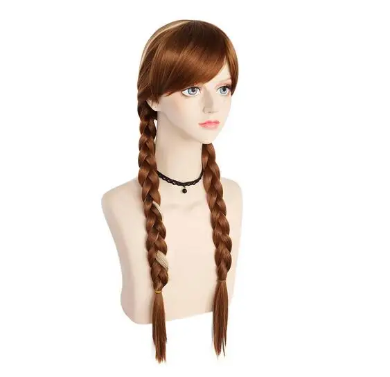 Wig Cosplay untuk wanita, Wig Cosplay cokelat untuk anak perempuan, Wig wanita kepang untuk kostum Halloween