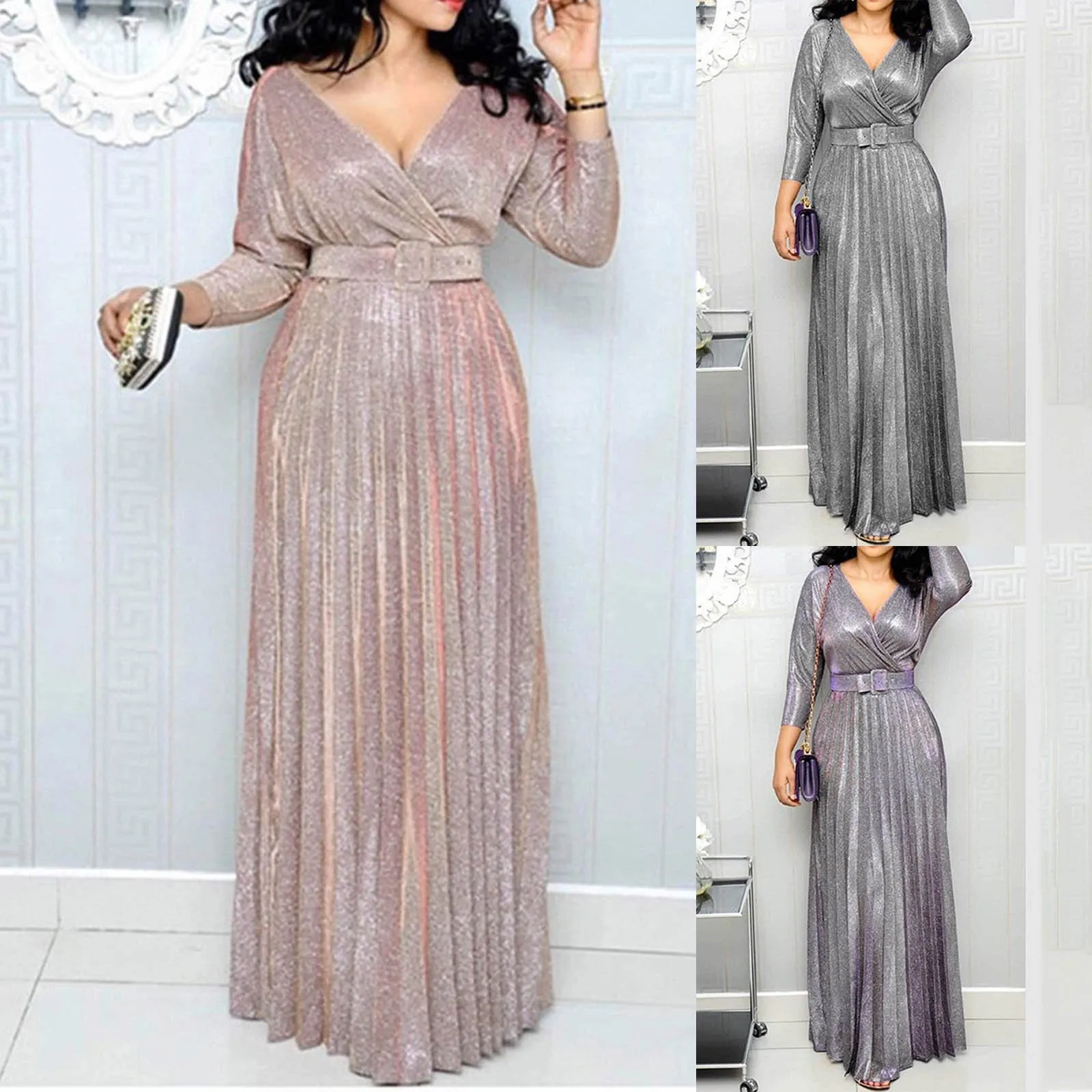 Plus Size Elegant Party Dresses For Women Low Cut Sequined Gown Dress With Belt Nine Point Sleeve Ruffle Hem Flowy Long Dress