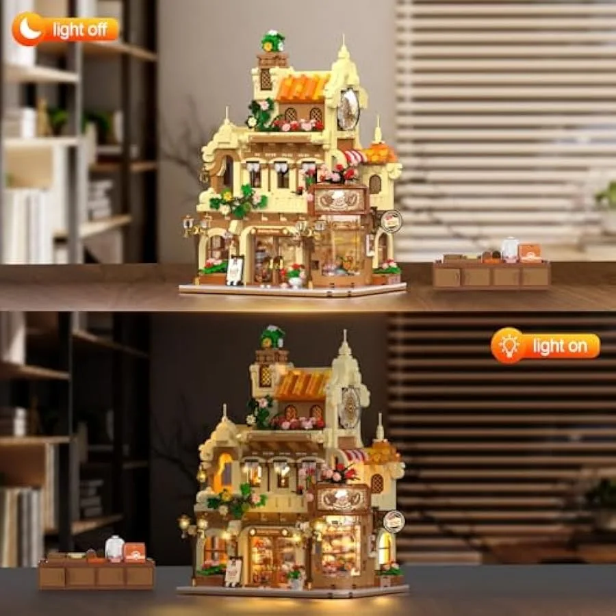 City Bakery Cafe House Building Set with Light 1289 PCS Baking Shop Building Block Toy with Coffee Cake Bread Bakery Room Pastr